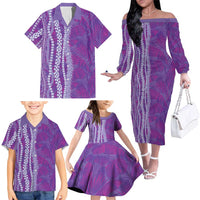 Hawaii Prince Kuhio Family Matching Off The Shoulder Long Sleeve Dress and Hawaiian Shirt Violet Hawaiian Lau Maia With Leis