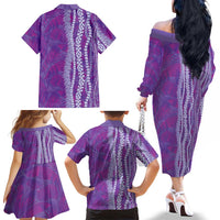 Hawaii Prince Kuhio Family Matching Off The Shoulder Long Sleeve Dress and Hawaiian Shirt Violet Hawaiian Lau Maia With Leis