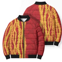 Hawaii Prince Kuhio Bomber Puffer Jacket Red Hawaiian Lau Maia With Leis LT05 - Polynesian Pride