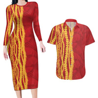 Hawaii Prince Kuhio Couples Matching Long Sleeve Bodycon Dress and Hawaiian Shirt Red Hawaiian Lau Maia With Leis