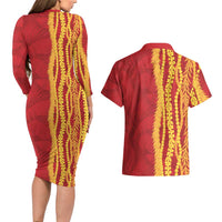 Hawaii Prince Kuhio Couples Matching Long Sleeve Bodycon Dress and Hawaiian Shirt Red Hawaiian Lau Maia With Leis