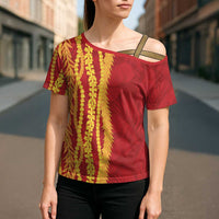 Hawaii Prince Kuhio Cross Shoulder Shirt Red Hawaiian Lau Maia With Leis LT05 - Polynesian Pride