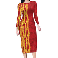 Hawaii Prince Kuhio Family Matching Long Sleeve Bodycon Dress and Hawaiian Shirt Red Hawaiian Lau Maia With Leis