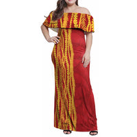 Hawaii Prince Kuhio Family Matching Off Shoulder Maxi Dress and Hawaiian Shirt Red Hawaiian Lau Maia With Leis