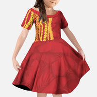 Hawaii Prince Kuhio Family Matching Off Shoulder Short Dress and Hawaiian Shirt Red Hawaiian Lau Maia With Leis