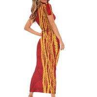 Hawaii Prince Kuhio Family Matching Short Sleeve Bodycon Dress and Hawaiian Shirt Red Hawaiian Lau Maia With Leis
