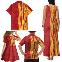 Hawaii Prince Kuhio Family Matching Tank Maxi Dress and Hawaiian Shirt Red Hawaiian Lau Maia With Leis