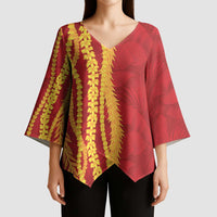 Hawaii Prince Kuhio Kimono Sleeve Blouse Red Hawaiian Lau Maia With Leis LT05 - Polynesian Pride