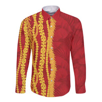 Hawaii Prince Kuhio Long Sleeve Button Shirt Red Hawaiian Lau Maia With Leis LT05 Unisex Red - Polynesian Pride