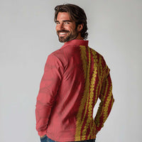 Hawaii Prince Kuhio Long Sleeve Polo Shirt Red Hawaiian Lau Maia With Leis LT05 - Polynesian Pride