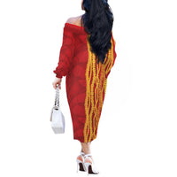 Hawaii Prince Kuhio Off The Shoulder Long Sleeve Dress Red Hawaiian Lau Maia With Leis LT05 - Polynesian Pride