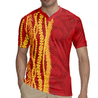 Hawaii Prince Kuhio Rugby Jersey Red Hawaiian Lau Maia With Leis LT05 - Polynesian Pride