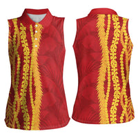 Hawaii Prince Kuhio Women Sleeveless Polo Shirt Red Hawaiian Lau Maia With Leis