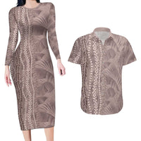 Hawaii Prince Kuhio Couples Matching Long Sleeve Bodycon Dress and Hawaiian Shirt Mocha Hawaiian Lau Maia With Leis