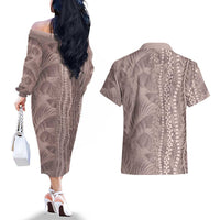 Hawaii Prince Kuhio Couples Matching Off The Shoulder Long Sleeve Dress and Hawaiian Shirt Mocha Hawaiian Lau Maia With Leis