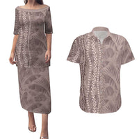 Hawaii Prince Kuhio Couples Matching Puletasi and Hawaiian Shirt Mocha Hawaiian Lau Maia With Leis