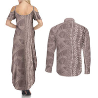 Hawaii Prince Kuhio Couples Matching Summer Maxi Dress and Long Sleeve Button Shirt Mocha Hawaiian Lau Maia With Leis