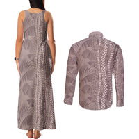 Hawaii Prince Kuhio Couples Matching Tank Maxi Dress and Long Sleeve Button Shirt Mocha Hawaiian Lau Maia With Leis