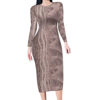Hawaii Prince Kuhio Long Sleeve Bodycon Dress Mocha Hawaiian Lau Maia With Leis LT05 Long Dress Mocha - Polynesian Pride
