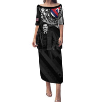 Personalised Hawaii Prince Kuhio Family Matching Puletasi and Hawaiian Shirt Hawaiian Maile Lei LT05 Mom's Dress Black - Polynesian Pride