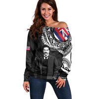 Personalised Hawaii Prince Kuhio Off Shoulder Sweater Hawaiian Maile Lei LT05 Women Black - Polynesian Pride