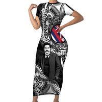 Personalised Hawaii Prince Kuhio Short Sleeve Bodycon Dress Hawaiian Maile Lei LT05 Long Dress Black - Polynesian Pride