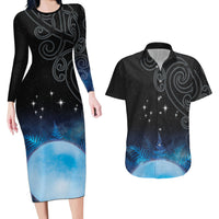 New Zealand Matariki Couples Matching Long Sleeve Bodycon Dress and Hawaiian Shirt Pleiades Star Cluster Blue Galaxy