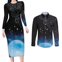 New Zealand Matariki Couples Matching Long Sleeve Bodycon Dress and Long Sleeve Button Shirt Pleiades Star Cluster Blue Galaxy