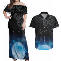 New Zealand Matariki Couples Matching Off Shoulder Maxi Dress and Hawaiian Shirt Pleiades Star Cluster Blue Galaxy