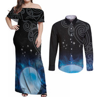 New Zealand Matariki Couples Matching Off Shoulder Maxi Dress and Long Sleeve Button Shirt Pleiades Star Cluster Blue Galaxy