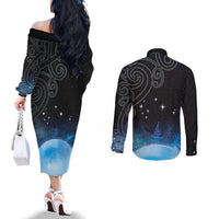 New Zealand Matariki Couples Matching Off The Shoulder Long Sleeve Dress and Long Sleeve Button Shirt Pleiades Star Cluster Blue Galaxy