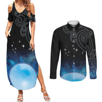 New Zealand Matariki Couples Matching Summer Maxi Dress and Long Sleeve Button Shirt Pleiades Star Cluster Blue Galaxy