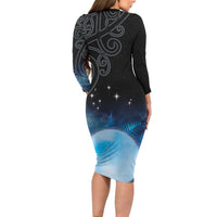New Zealand Matariki Family Matching Long Sleeve Bodycon Dress and Hawaiian Shirt Pleiades Star Cluster Blue Galaxy LT05 - Polynesian Pride