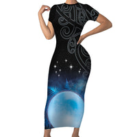 New Zealand Matariki Short Sleeve Bodycon Dress Pleiades Star Cluster Blue Galaxy LT05 Long Dress Blue - Polynesian Pride