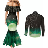 New Zealand Matariki Couples Matching Mermaid Dress and Long Sleeve Button Shirt Pleiades Star Cluster Green Galaxy