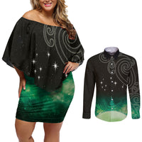 New Zealand Matariki Couples Matching Off Shoulder Short Dress and Long Sleeve Button Shirt Pleiades Star Cluster Green Galaxy
