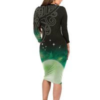 New Zealand Matariki Family Matching Long Sleeve Bodycon Dress and Hawaiian Shirt Pleiades Star Cluster Green Galaxy