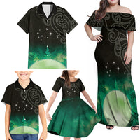 New Zealand Matariki Family Matching Off Shoulder Maxi Dress and Hawaiian Shirt Pleiades Star Cluster Green Galaxy