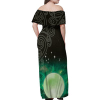 New Zealand Matariki Family Matching Off Shoulder Maxi Dress and Hawaiian Shirt Pleiades Star Cluster Green Galaxy