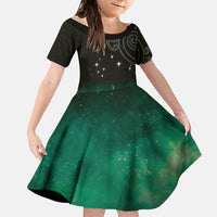 New Zealand Matariki Family Matching Off Shoulder Short Dress and Hawaiian Shirt Pleiades Star Cluster Green Galaxy