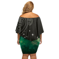 New Zealand Matariki Family Matching Off Shoulder Short Dress and Hawaiian Shirt Pleiades Star Cluster Green Galaxy