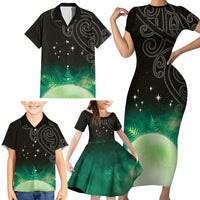 New Zealand Matariki Family Matching Short Sleeve Bodycon Dress and Hawaiian Shirt Pleiades Star Cluster Green Galaxy
