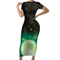 New Zealand Matariki Family Matching Short Sleeve Bodycon Dress and Hawaiian Shirt Pleiades Star Cluster Green Galaxy