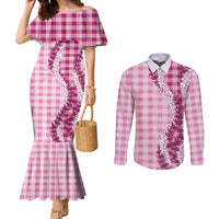 Pink Hawaii Palaka Couples Matching Mermaid Dress and Long Sleeve Button Shirt Hawaiian Honohono Lei