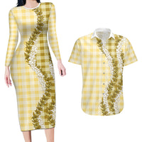 Yellow Hawaii Palaka Couples Matching Long Sleeve Bodycon Dress and Hawaiian Shirt Hawaiian Honohono Lei