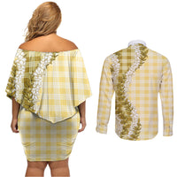 Yellow Hawaii Palaka Couples Matching Off Shoulder Short Dress and Long Sleeve Button Shirt Hawaiian Honohono Lei