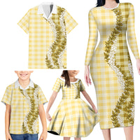 Yellow Hawaii Palaka Family Matching Long Sleeve Bodycon Dress and Hawaiian Shirt Hawaiian Honohono Lei