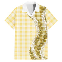 Yellow Hawaii Palaka Family Matching Off The Shoulder Long Sleeve Dress and Hawaiian Shirt Hawaiian Honohono Lei