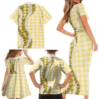 Yellow Hawaii Palaka Family Matching Short Sleeve Bodycon Dress and Hawaiian Shirt Hawaiian Honohono Lei