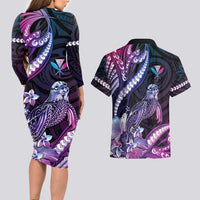 Hawaiian Monk Seal Couples Matching Long Sleeve Bodycon Dress and Hawaiian Shirt Kakau Tribal Pattern Violet Gradient LT05 - Polynesian Pride